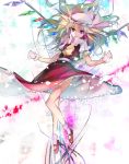 1girl ancomomomo ascot blonde_hair bow flandre_scarlet gloves hat highres long_hair mary_janes mob_cap petals red_eyes ribbon shoes short_sleeves smile solo touhou wings 