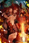  1girl bare_shoulders barefoot breasts brown_hair feet horns long_hair original red_eyes solo sword weapon yaoya_musuko 