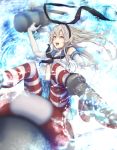  1girl blonde_hair blurry elbow_gloves gloves hairband highres innertube kantai_collection long_hair marumoru open_mouth personification rensouhou-chan school_uniform serafuku shimakaze_(kantai_collection) sitting solo striped striped_legwear thigh-highs water white_gloves yellow_eyes 