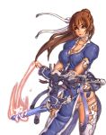  1girl breasts brown_eyes brown_hair dead_or_alive hair_ribbon kasumi large_breasts lowleg lowleg_panties panties ponytail reverse_grip ribbon short_sword skindentation solo sword u-kichi underwear vambraces weapon white_background white_legwear white_panties 