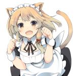  1girl animal_ears bell blonde_hair bow cat_ears cat_tail fang hair_bell hair_bow hair_ornament jingle_bell long_hair looking_at_viewer maid maid_headdress open_mouth original simple_background smile solo tail wara_(warapro) white_background wrist_cuffs yellow_eyes 