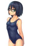  1girl aqua_eyes black-framed_glasses black_hair breasts glasses katagiri_(a1466502) looking_at_viewer navel one-piece_swimsuit original short_hair solo swimsuit white_background 