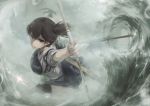  1girl arrow bow_(weapon) brown_eyes brown_hair japanese_clothes kaga_(kantai_collection) kantai_collection lif muneate short_hair short_ponytail side_ponytail solo water weapon 