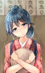  1girl blue_eyes blue_hair blush female houshou_(kantai_collection) japanese_clothes kantai_collection kazasuzu kimono long_hair personification ponytail smile solo tray 