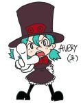  /\/\/\ 1girl avery_(skullgirls) blue_hair bowtie dress freckles gloves hand_on_hip hat looking_at_viewer nyoro_mutou open_mouth personification pointing pointing_at_viewer short_twintails skullgirls solo standing top_hat twintails 
