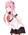  1girl blush breasts cleavage headphones large_breasts long_hair looking_at_viewer nitroplus pink_eyes pink_hair plate smile solo super_sonico 