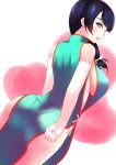  1girl bare_shoulders black_hair blue_eyes breasts china_dress chinese_clothes elbow_gloves gloves looking_at_viewer looking_back open_mouth original ponkotsu_(ayarosu) side_slit sideboob sleeveless solo 