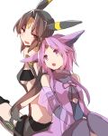  2girls :o animal_ears annoyed back-to-back black_hair breasts earrings espeon facial_mark forehead_mark hoop_earrings jewelry long_hair multiple_girls open_mouth personification pokemon purple_hair red_eyes rough short_hair_with_long_locks takeshima_(nia) umbreon under_boob violet_eyes white_background 
