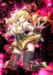  blonde_hair breasts corset drill_hair fingerless_gloves forestss gloves hat highres jumping magical_girl mahou_shoujo_madoka_magica skirt smile solo space striped striped_legwear thigh-highs tomoe_mami twin_drills vertical-striped_legwear vertical_stripes yellow_eyes 