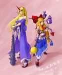  2girls absurdres belt blonde_hair blue_dress bow breasts chain cleavage club dress geta gourd hair_bow highres horns hoshiguma_yuugi ibuki_suika japanese_clothes kanabou long_hair looking_at_viewer multiple_girls oni red_eyes sarashi shua1745_(pixiv) touhou weapon wrist_cuffs 