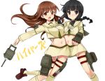  2girls arm_around_waist braid brown_eyes brown_hair hukasikasi kantai_collection kitakami_(kantai_collection) long_hair midriff multiple_girls navel ooi_(kantai_collection) open_mouth personification school_uniform serafuku skirt 