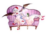  2girls bat_wings book chachao closed_eyes couch crescent_moon crossed_legs hair_ornament hair_ribbon lantern lavender_hair long_hair lying moon multiple_girls no_hat on_back patchouli_knowledge remilia_scarlet ribbon short_hair sitting touhou violet_eyes wide_sleeves wings 