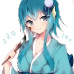  1girl 2014 aqua_eyes aqua_hair brush hair_ornament head_fins ink japanese_clothes kimono long_hair looking_at_viewer personification pokemon smile solo takeshima_(nia) vaporeon white_background 