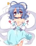  1girl aqua_dress bare_shoulders blue_eyes blue_hair breasts cleavage collarbone dress hair_ornament hair_rings hair_stick heart kaku_seiga large_breasts looking_at_viewer muuba off_shoulder open_vest simple_background skull solo symbol-shaped_pupils touhou white_background 