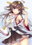  1girl bare_shoulders blush breasts brown_hair detached_sleeves double_bun hair_ornament hairband headgear japanese_clothes kantai_collection kongou_(kantai_collection) long_hair nontraditional_miko panties personification skirt smile solo underwear wa_sakaidera_umeko white_panties 