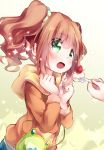  1girl blush brown_hair cake feeding food fork fruit green_eyes hoodie idolmaster kofa_(ikyurima) long_hair open_mouth pastry solo_focus sparkle sparkling_eyes strawberry takatsuki_yayoi twintails 