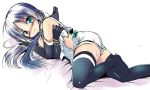  1girl :t aqua_eyes black_gloves black_legwear blue_hair blush elbow_gloves gloves kantai_collection long_hair looking_at_viewer lying no_shoes on_side personification sen_(astronomy) solo suzukaze_(kantai_collection) tears thigh-highs torn_clothes 