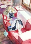  1girl ;o apron blonde_hair blue_eyes book braid chachao couch covering cup kirisame_marisa long_hair lying on_back paper puffy_sleeves short_sleeves side_braid sunlight touhou window wink 