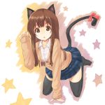  1girl all_fours animal_ears blush broom brown_hair cat_ears cat_tail long_hair looking_at_viewer melsy open_mouth paw_pose skirt solo sweater tail 