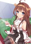  1girl ahoge bare_shoulders blue_eyes breasts brown_hair cup detached_sleeves double_bun hair_ornament hairband japanese_clothes kantai_collection kongou_(kantai_collection) long_hair nontraditional_miko personification skirt smile solo teacup thigh-highs yayoi_(egoistic_realism) 