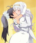  2girls black_hair dress earrings fang formal ganaha_hibiki gloves grey_hair hairband hiiringu hug idolmaster jewelry long_hair ponytail shijou_takane smile suit veil wedding_dress yuri 