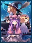  3girls alice_margatroid artist_name blonde_hair blush bon book bow braid broom capelet crescent crescent_moon dress frills hair_bow hair_ornament hairband hat hat_bow hat_ribbon kirisame_marisa lolita_hairband long_hair long_sleeves looking_at_viewer mob_cap moon multiple_girls necktie night patchouli_knowledge profile puffy_sleeves purple_hair red_eyes ribbon sash shirt short_hair short_sleeves side_braid single_braid sitting skirt skirt_set smile star striped striped_dress text touhou vest violet_eyes white_shirt wide_sleeves witch_hat yellow_eyes 