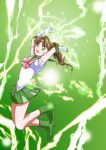  1girl :d arms_up bishoujo_senshi_sailor_moon bow brown_hair choker elbow_gloves electricity gloves green green_background green_eyes green_skirt hair_bobbles hair_ornament highres kino_makoto magical_girl open_mouth pleated_skirt ponytail ribbon sailor_collar sailor_jupiter shoes short_hair skirt smile solo tiara white_gloves yousukou_chinsukou 