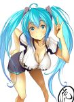  1girl \m/ ahoge alternate_breast_size aqua_eyes aqua_hair breasts cleavage gengoroh hand_on_hip hatsune_miku large_breasts long_hair smile solo twintails very_long_hair vocaloid white_background 
