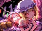  1girl bare_shoulders blonde_hair canopy_bed cross flandre_scarlet highres jewelry legs_up lying mob_cap myero necklace off_shoulder on_bed on_stomach open_mouth red_eyes shirt signature skirt solo stuffed_animal stuffed_toy teddy_bear thigh-highs touhou white_legwear wings zettai_ryouiki 