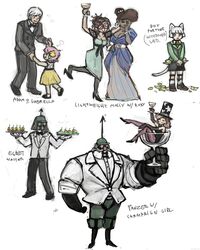  adam_kapowski black_egrets commentary concept_art dancing dark_skin dress emlan formal genderswap gown helmet highres molly_(skullgirls) nadia_fortune panzerfaust_(skullgirls) roxie_(skullgirls) skullgirls spiked_helmet umbrella_(skullgirls) 