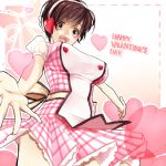  1girl breasts brown_eyes brown_hair earmuffs happy_valentine harureya headset heart idolmaster idolmaster_cinderella_girls large_breasts oikawa_shizuku open_mouth outstretched_arms plaid plaid_skirt sash short_hair skirt solo taut_clothes 