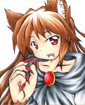  1girl absurdres animal_ears blush brown_hair fang fingernails happy highres imaizumi_kagerou long_hair looking_at_viewer open_mouth red_eyes solo tail touhou wolf_ears wolf_tail 