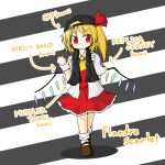  1girl ascot baseball_cap blonde_hair character_name english expressionless flandre_scarlet frilled_skirt frills hair_ribbon hat hb_take highres open_clothes open_shirt red_eyes ribbon shirt side_ponytail simple_background skirt striped striped_background touhou towel vest wings wristband 
