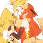  2girls animal_ears blonde_hair closed_eyes elbow_gloves fingerless_gloves flareon gloves incipient_kiss jolteon long_hair multicolored_hair multiple_girls personification pokemon red_eyes redhead rough short_hair takeshima_(nia) two-tone_hair yuri 