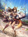  1girl anbe_yoshirou animal_ears artist_name bangs brown_eyes brown_hair detached_sleeves highres holding japanese_clothes long_hair magic_circle miko motion_blur open_mouth original petals seal sky solo sword tail temple tree watermark weapon wind 