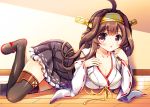  1girl ahoge bare_shoulders breasts brown_hair cleavage detached_sleeves double_bun fukase_ayaka hair_ornament hairband japanese_clothes kantai_collection kongou_(kantai_collection) long_hair open_mouth personification skirt solo thighhighs 