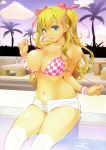  1girl absurdres bikini blonde_hair blue_eyes breasts checkered checkered_bikini cleavage dengeki_moeou feet_in_water highres kima-gray large_breasts navel open_fly poolside scan shiny shiny_skin short_shorts shorts sitting skindentation smile soaking_feet solo swimsuit thigh-highs two_side_up untied unzipped water white_legwear wristband 