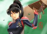  1girl black_hair bodysuit boomerang breasts bridal_gauntlets brown_eyes daniel_macgregor elbow_pads eyeshadow huge_weapon inuyasha long_hair makeup pauldrons ponytail sango solo weapon 