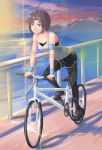  1girl absurdres bicycle bike_shorts black_hair exercise female highres idolmaster kamille_(vcx68) kikuchi_makoto lens_flare pantyhose shoes small_breasts sneakers solo sweatband tank_top violet_eyes 