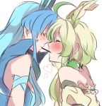  2girls ahoge animal_ears blue_hair closed_eyes glaceon heart leafeon long_hair multiple_girls personification pocky pocky_kiss pokemon rough shared_food takeshima_(nia) yuri 