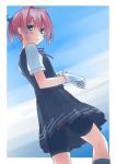  1girl adjusting_clothes adjusting_gloves bike_shorts blue_eyes gloves ite_fuji kantai_collection looking_at_viewer personification pink_hair school_uniform shiranui_(kantai_collection) short_hair short_ponytail skirt solo vest 