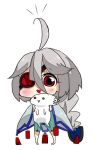  1girl ahoge blazblue bodysuit cape chibi doll eyepatch lowres nu-13 ragna_the_bloodedge red_eyes silver_hair 