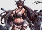  1girl abs bare_shoulders black_hair breasts elbow_gloves fingerless_gloves gloves hairband headgear kantai_collection large_breasts light_smile long_hair nagato_(kantai_collection) navel personification red_eyes skirt solo sowel_(sk3) thigh-highs 