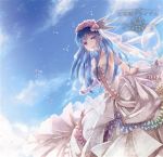  1girl alternate_costume alternate_headwear blue_hair blue_sky clouds dress flower food frilled_dress frills fruit gloves hair_flower hair_ornament hinanawi_tenshi leaf long_hair looking_at_viewer lowres miyuki_ruria open_mouth peach petals red_eyes rose sky sleeveless smile solo text touhou veil wedding_dress white_dress white_gloves 