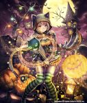  1girl anbe_yoshirou artist_name bat belt blonde_hair cape chimney halloween highres hooded_cloak lantern looking_at_viewer magic magic_circle moon night night_sky original paw_pose pumpkin short_hair sky solo striped striped_legwear thigh-highs violet_eyes wand watermark 