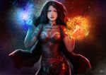 1girl breasts brown_hair cleavage dede_putra energy_ball fire jewelry large_breasts midriff original short_hair solo 