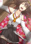  1girl armpits brown_hair closed_eyes detached_sleeves drooling hairband highres japanese_clothes kantai_collection kongou_(kantai_collection) long_hair lying nontraditional_miko open_mouth personification rane_(etsu) saliva sleeping solo thigh-highs 