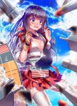  1girl akagi_(kantai_collection) blush breasts brown_eyes brown_hair embarrassed gradient_eyes highres japanese_clothes kantai_collection long_hair multicolored_eyes muneate open_mouth personification skirt sky solo sougishi_ego tears thigh-highs torn_clothes torn_thighhighs wardrobe_malfunction white_legwear yugake 