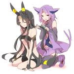  2girls animal_ears bare_shoulders black_hair black_legwear breasts closed_eyes combing facial_mark fingerless_gloves forehead_mark forked_tail gloves long_hair multiple_girls personification pokemon purple_hair rough short_hair_with_long_locks sitting tail takeshima_(nia) thigh-highs umbreon very_long_hair violet_eyes white_background yokozuwari 