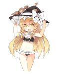  1girl bare_arms bare_legs blonde_hair child hat kirisame_marisa long_hair midriff mushroom open_mouth simple_background solo touhou white_background 